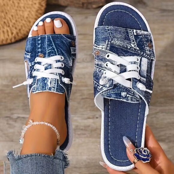 New Denim Look Sandals with Lace-Up Straps 8 1/2 - Picture 1 of 3